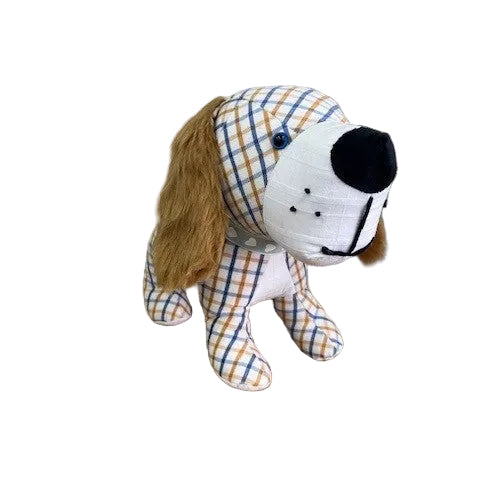 Plush memory dog  with checkered pattern made from loved ones clothes or pets bed.