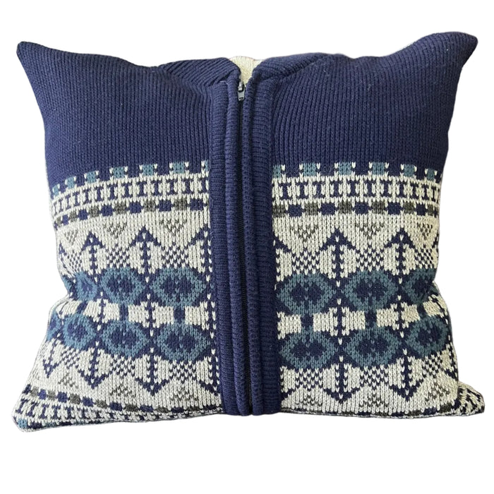 Grampys cardigan made into a memory pillow Navy blue pillow with geometric