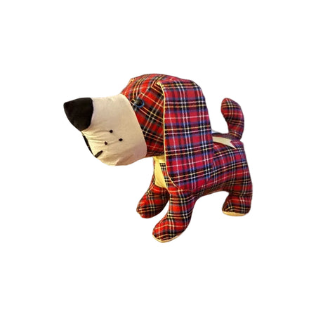 Plush memory dog  with checkered pattern made from loved ones clothes or pets bed.