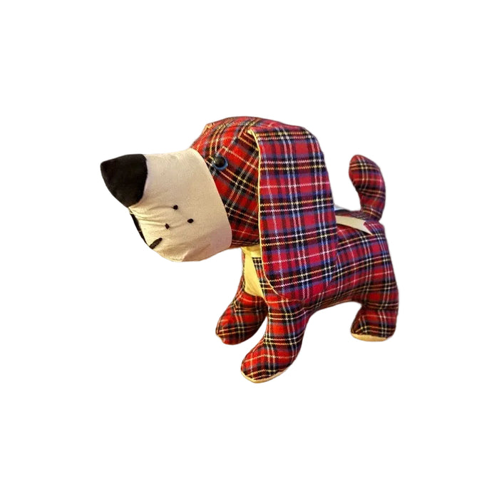 Plush memory dog  with checkered pattern made from loved ones clothes or pets bed.